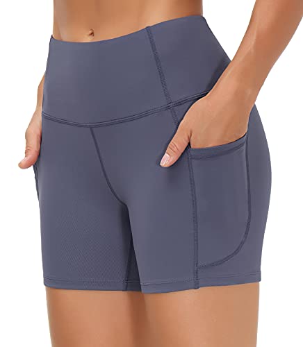 Image of THE GYM PEOPLE High Waist Yoga Shorts for Women's Tummy Control Fitness Athletic Workout Running Shorts with Deep Pockets