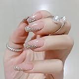 RODAKY French Coffin Press on Nails Glossy Nude Semi-oblique Glitter Full Cover Medium False Nails P
