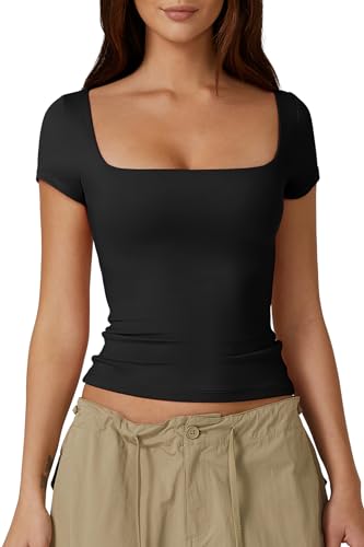 QINSEN Women's Square Neck Shortsleeve Double-Layer Tops