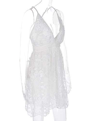 Image of Women's V-Neck Spaghetti Strap Floral Backless Sleeveless Lace Mini Flowy Swing Skater Dress