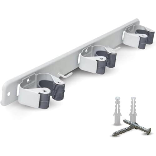 PARENCE.- Triple Support Mural à Visser pour Balais et Accessoires - Accroche Balai 3 Supports + 2 Crochets - 37cm)