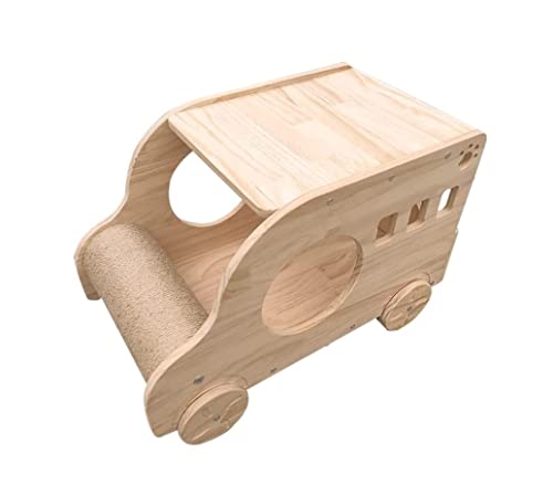 Arbre à chat en bois beige avec lit voiture et griffoir en sisal