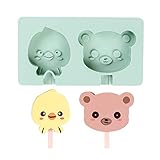 Soap Mold Cheese Stick Mold, Jumbo Silicone Lollipop Mold Silicone Ice Pop Molds 2 Cavities Homemade Popsicle Maker Ice Cream Mold Animals with 50 Wooden Sticks for DIY Ice Cream Chick&Bear