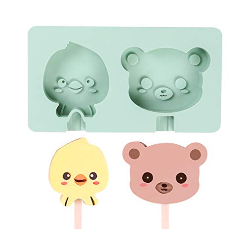 Soap Mold Cheese Stick Mold, Jumbo Silicone Lollipop Mold Silicone Ice Pop Molds 2 Cavities Homemade Popsicle Maker Ice Cream Mold Animals with 50 Wooden Sticks for DIY Ice Cream Chick&Bear