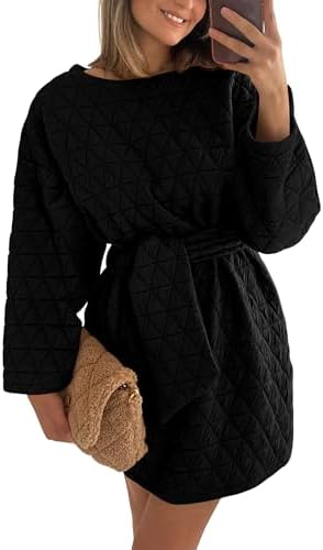 PRETTYGARDEN Women's Long Sleeve Dresses Spring Fall Casual Short Belted Dress Trendy Quilted Outfits with Pockets (Black,Medium)