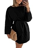 PRETTYGARDEN Women's Long Sleeve Dresses Spring Fall Casual Short Belted Dress Trendy Quilted Outfits with Pockets (Black,X-Large)