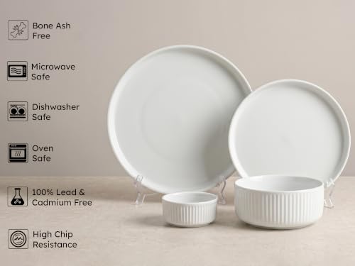 Image of Bodhi House 20-Piece Ribbed Porcelain Dinnerware Set for 6 with Dinner Plates, Quarter Plates, Katori & Serving Bowls, Chip Resistant, Lightweight, Microwave & Dishwasher Safe Crockery Set