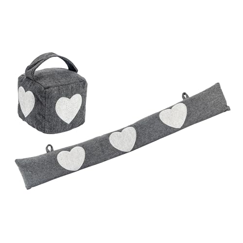Nicola Spring Fabric Door Stop - Heart - Grey - 2 pcs - Indoor Herringbone Decorative Space-Saving Cube Door Wedge Door Stopper Vintage Interior Weighted Doorstop with Handle for Home, Office