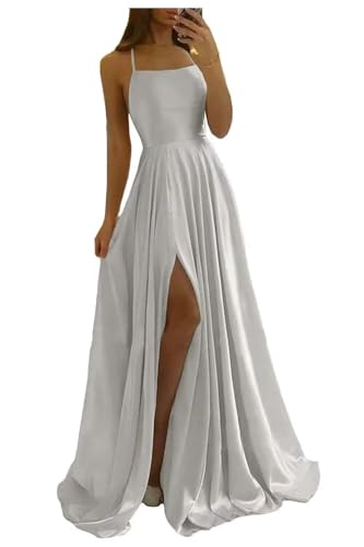 Image of Women Long Formal Dress Solid Satin Spaghetti Straps A Line Evening Cocktail Dresses with Slit