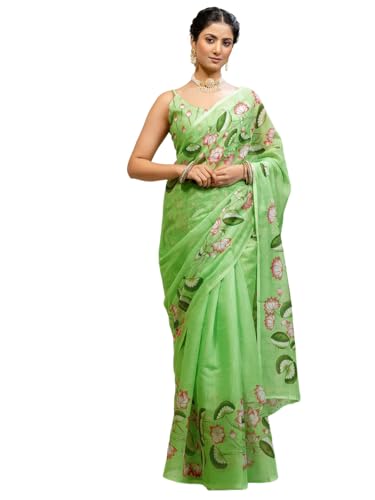 Image of SIRIL Women's Cotton Linen Printed Saree With Unstitched Blouse Piece