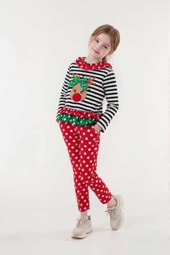 Christmas Outfit Toddler Infant Baby Girls Clothes Set Stripe Ruffle Deer Print Shirt Dress+Pants (Red, 2-3T) - Thumbnail 3