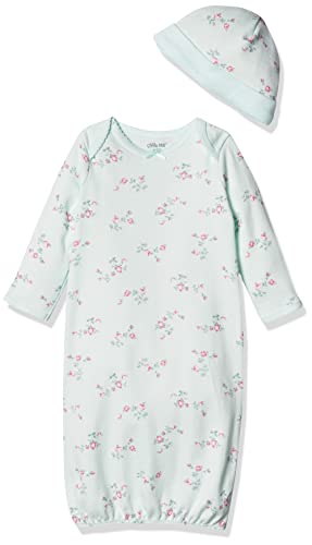Little Me Unisex Baby 100% Cotton 2-Piece Nightgown and Cap Set, Floral Mint, 0-3 Months