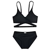 karrack Teen Girls Swimsuits Two-Piece V-Neck Bikini Adjustable Shoulder Straps Swimsuit Kids Bikini with Chest Pad Blackr Cute Swimsuit (Size12-14Years)