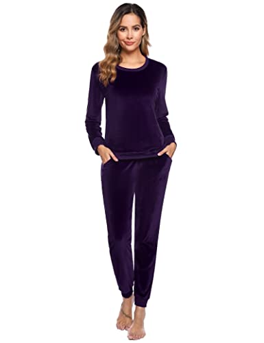 Hyppry Ensemble de pyjama d'hiver en velours pour femme - Vêtement de nuit chaud à manches longues et bas en velours - Vêtement de détente 2 pièces, Femme - Violet, XS Cover