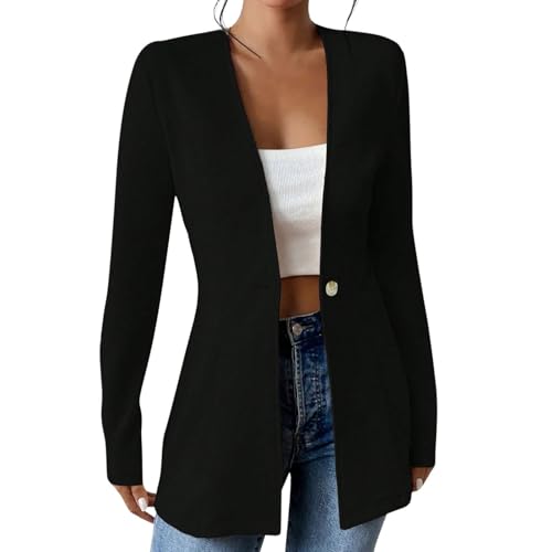 Womens Blazer Business Casual Collarless Long Sleeve Button Front Blazers Slim Work Office Suit Jackets with Pockets
