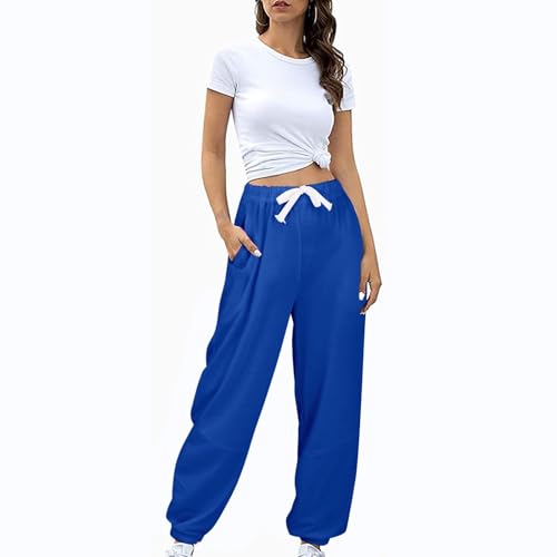 Pantalon de jogging taille haute en bleu uni avec cordon ajustable long