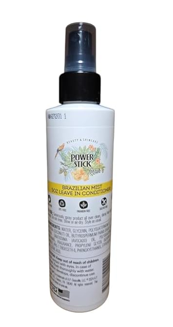 Power Stick Brazilian Mist Leave-In Conditioner bottle, back view with ingredients