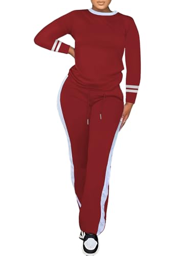 PINSV Women's 2 Piece Outfits Long Sleeve Tops Sweatpants Colorblock Bodycon Lounge Sets Tracksuits Burgundy M