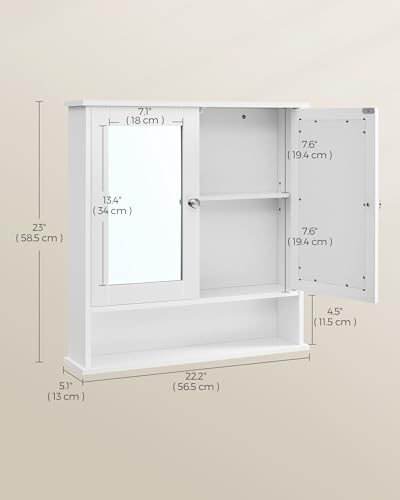 VASAGLE Bathroom Cabinet with Mirror, Wall Cabinet with 2 Mirrored Doors and Open Compartment, Adjustable Shelf, Wall-Mounted, 13 x 56.5 x 58.5 cm, White LHC002