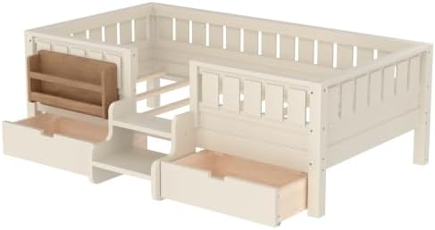 Miniatura 8 de Bellemave Cama de plataforma para niños de tamaño individual con vallas y escalera de seguridad, marco de cama individual con 2 cajones y estantería