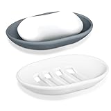 Porte Savon en Silicone, Lot de 2 Boite Savon avec Drainage, Support Savon Antidérapant et Portable, Porte Savon Cuisine, Salle de Bain, Douche   Gris & Blanc
