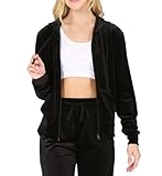 SINABIN Women's Velour Drawstring Zip-Up Hoodie Jacket With Pocket Black