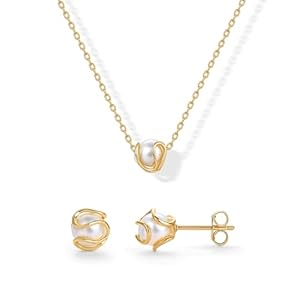 PAVOI 14K Gold Plated Round Shell Pearl Jewelry Set for Women – Gold Pearl Necklace and Earring Set with Pendant Necklace and Caged Stud Earrings Pack