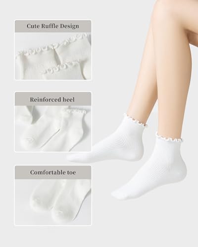 Women's Cotton Ankle Socks - 3 Pack White Breathable Knit Ruffle Cuff Casual Crew Socks4