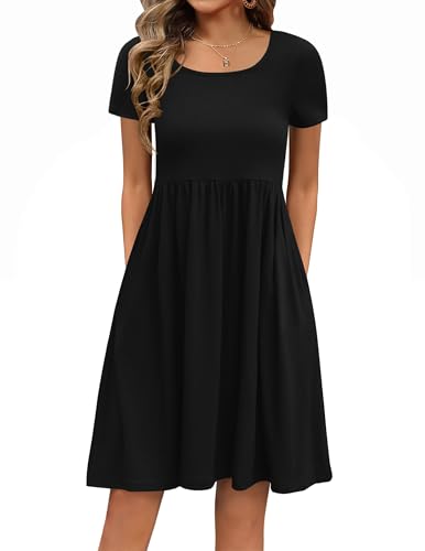 Zeagoo Sommerkleid Damen Elegant Kleider Kurzarm A-Linie Blumenkleid Rundhals Tunika Kleid Strandkleid mit Taschen Casual Freizeitkleid Schwarz M