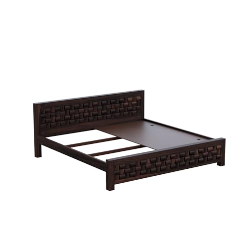 Image of Solid Sheesham Wood Queen Size Bed Without Storage | Wooden Double Bed Cot for Bedroom Furniture | Palang Double Bed for Hotels | Niwar Patti Design, Walnut