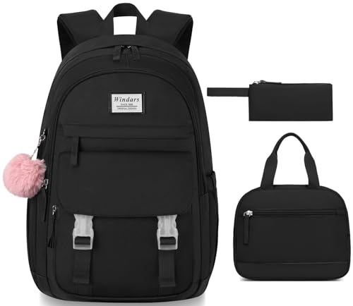 Image of WINDARS School Backpack with Lunch Box for Teen Girls, Cute College Backpacks for Women Students Aesthetic Bookbag Large 15.6 Inch Laptop Bag Middle School Travel Back Pack (Black-3 Pcs)