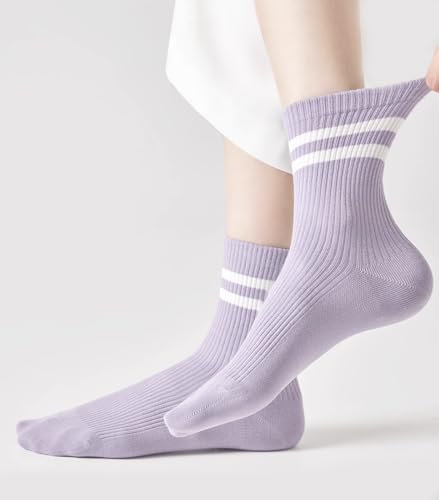 Womens 3 Pairs Solid Color Two Stripe Crew Socks Casual Athletic Socks for Women4