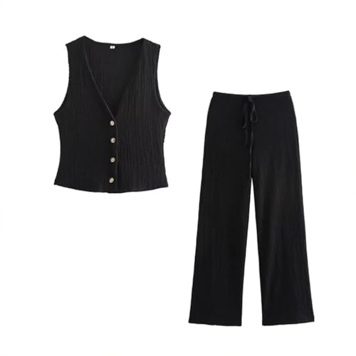 Women 2 Piece Suit Solid Single Breasted Tank Tops & Vintage High Elastic Waist Pants3