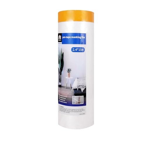 Image of Voomey Pre-Taped Masking Film, Painters Tape with Plastic Attached, Automotive Painters Tape and Drape for Appliances, Furniture, Wood Surfaces & DIY Projects - 8ft x 49ft