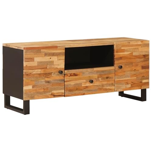 Qnhdfrt Meuble TV en bois de manguier massif 105 x 33 x 46 cm, meuble bas avec étagère, table TV pour salon, meuble TV stable au design naturel, marron