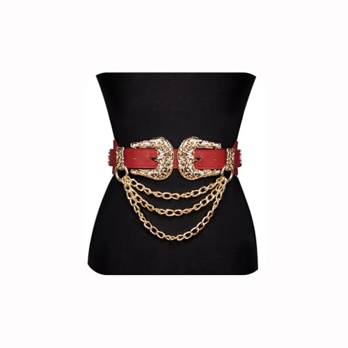 Image of Dubulle Womens Belt Chain Leather Belts Vintage Western Adjustable Elastic Double Buckle for Cowboy Pant Dress