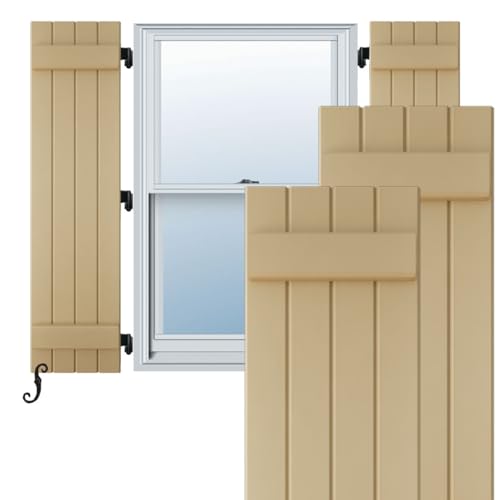 14"W x 44"H Americraft Four Board (2 Batten) Exterior Real Wood Joined Board-n-Batten Shutters (Per Pair), Natural Twine
