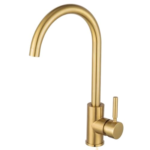 Robinet de cuisine col de cygne mitigeur évier inox doré brossé design 1 trou
