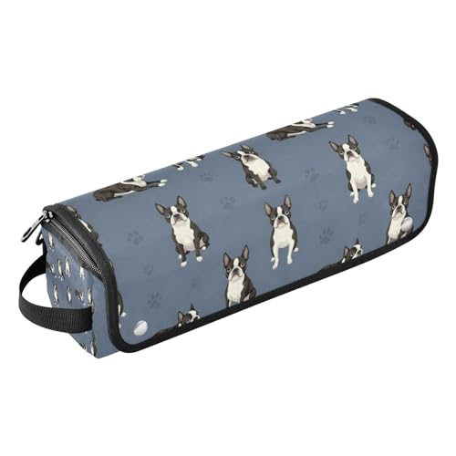 Funda de viaje 2 en 1 para plancha rizadora con estera para planchas y bolsa organizadora para herramientas de calor con diseño de huellas de perro Boston Terrier gris