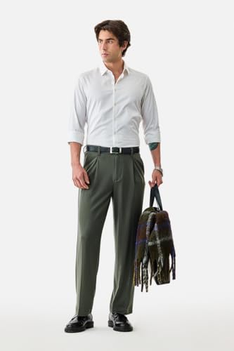 Image of SNITCH Men Casual Trousers | Loose Fit Pleated Front Plain Wide-Leg Style | Lightweight Polyester Blend Medium-Stretch Fabric for Summer & All-Day Comfort Wear