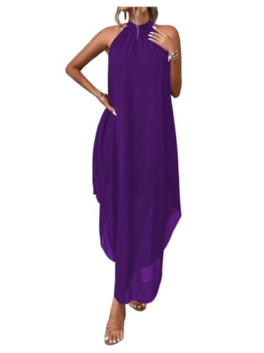 Verdusa Women's Formal Wedding Guest Dress Halter Flowy Chiffon Asymmetrical Long Summer Dress Purple Large