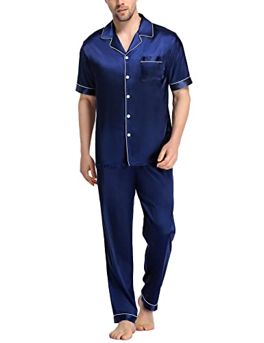 Image of SWOMOG Mens Satin Pajama Set Short Sleeve Classic Sleepwear Button Down Silky Loungewear with Long Pants