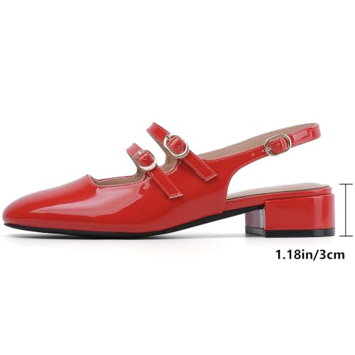 Image of Mostrin Mary Jane Shoes Women Slingback Chunky Low Heels for Women Closed Rounded Toe Ankle Strap Pumps Daily Wedding Party Dress Shoes