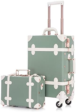 Unitravel Vintage Trunk Luggage Set TSA Lock Carry on Suitcase with Handbag for Women (20inch+12inch, Matcha Green)