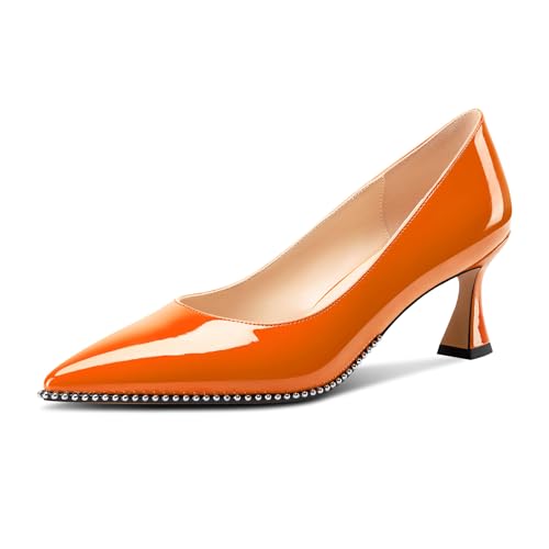 Image of TNYNFBEB Womens Mid Kitten Heel Pointed Toe Pumps Slip-on Silver Beaded Prom Party Dress Patent Leather 2.6 Inches Heels