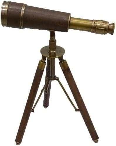 Vintage Black Leather Telescope Vintage Brass Finish Table Top Brown Wooden Tripod Nautical Display Centre Piece