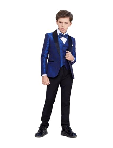 Costume Jacquard Garçon 3 Pièces avec Veste Gilet et Pantalon Solide Noir pour Cérémonie