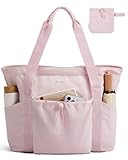 BAGSMART Women Foldable Tote Bag with Drawstring Storage Bag, Large Tote Bag Shoulder Bag Top Handle Handbag for Travel, Work, Beach, Gym, Shop, (Pink)