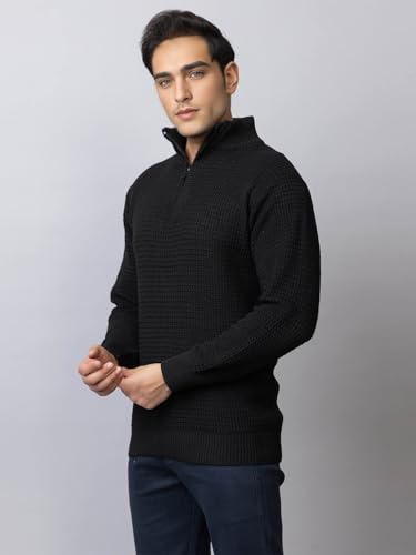 Image of TYSORT Men High Neck Zipper Full Sleeve Waffle Knitted Winter Sweater,Waffle Knit Sweater for Men