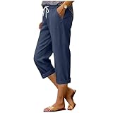 symoid Womens Cotton Linen Pants High Waist Drawstring Pant Wide Leg Trousers Casual Summer Capris Fashion Spring Outfits Linen Pants for Ladies Navy L